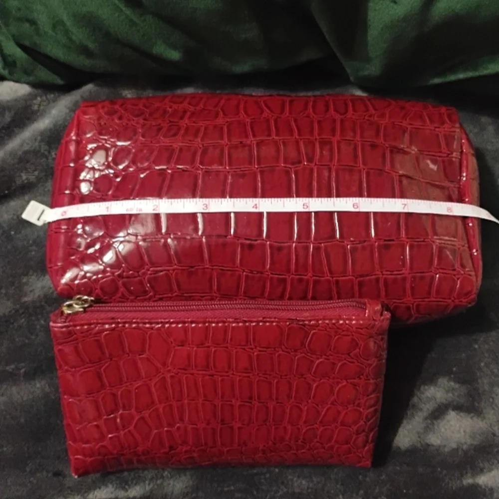 Estee Lauder Deep Red Croc Embossed Patent Toiletry Cosmetic Bags, Set of 2